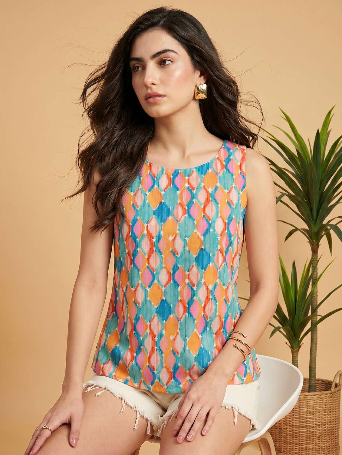 women printed sleeveless ethnic top