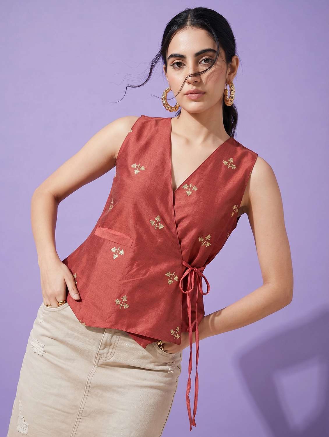 women solid with work sleeveless regular fit wrap top