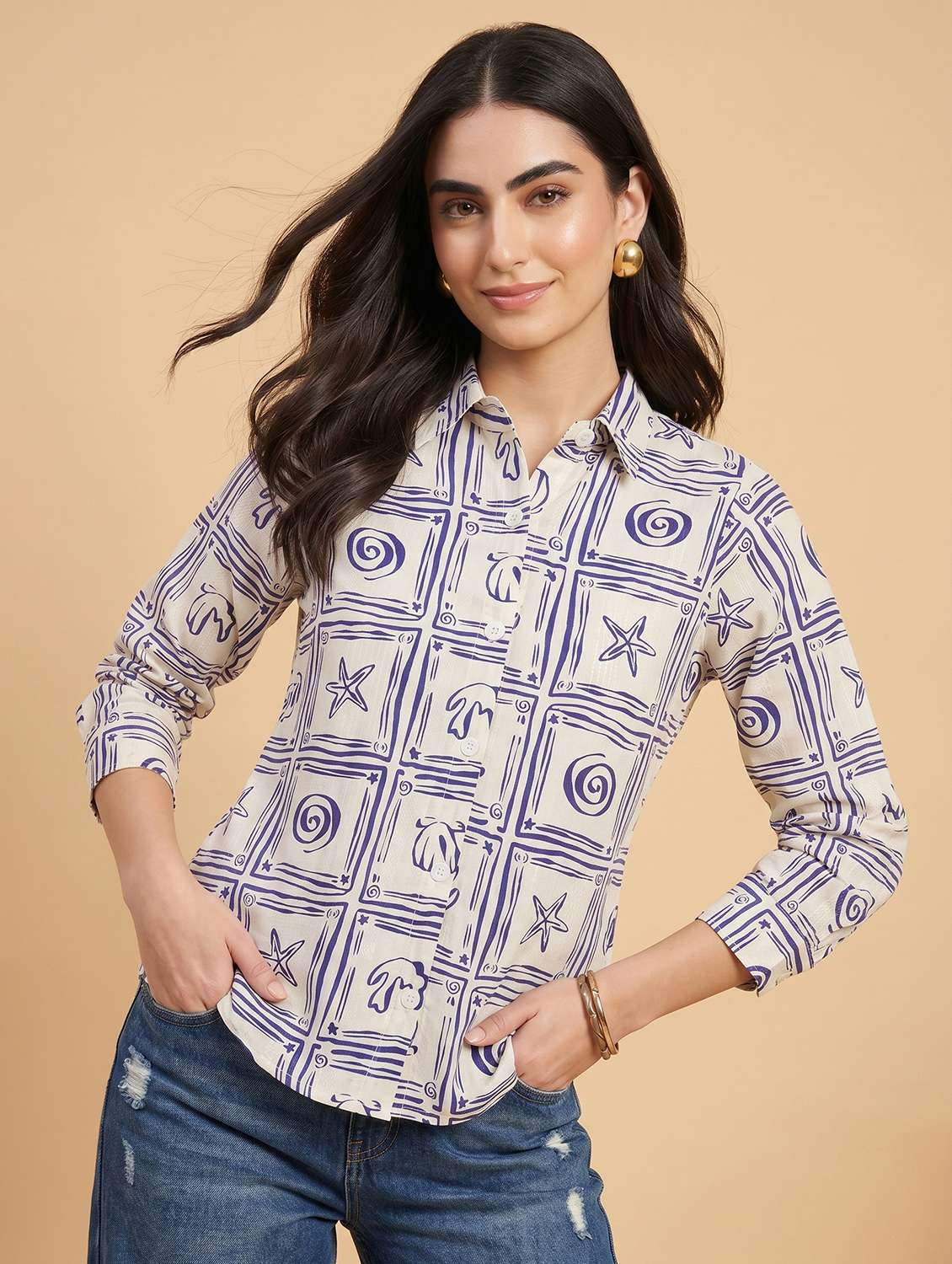 women printed three quarter sleeves shirt - 22499457 -  Standard Image - 3
