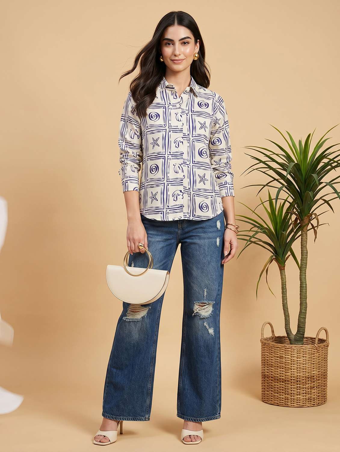 women printed three quarter sleeves shirt - 22499457 -  Standard Image - 5