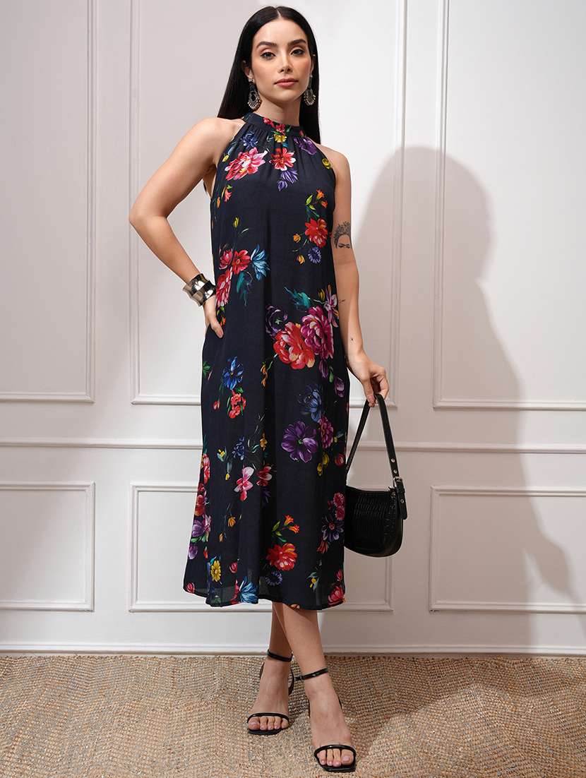 women floral printed halter neck a-line midi dress