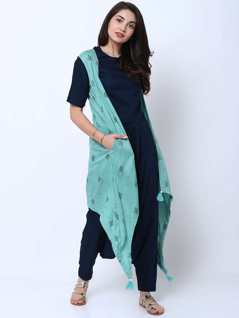 women printed round neck top and dhoti set with shrug