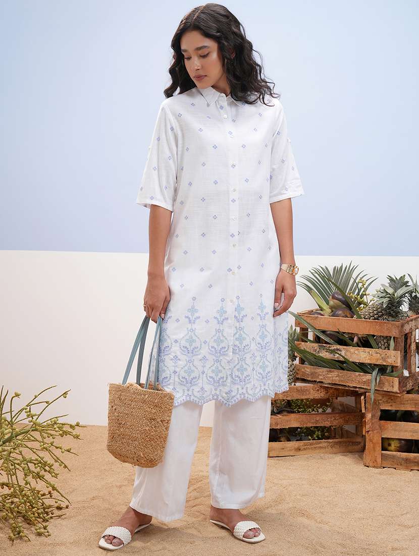 women embroidered collared straight kurta