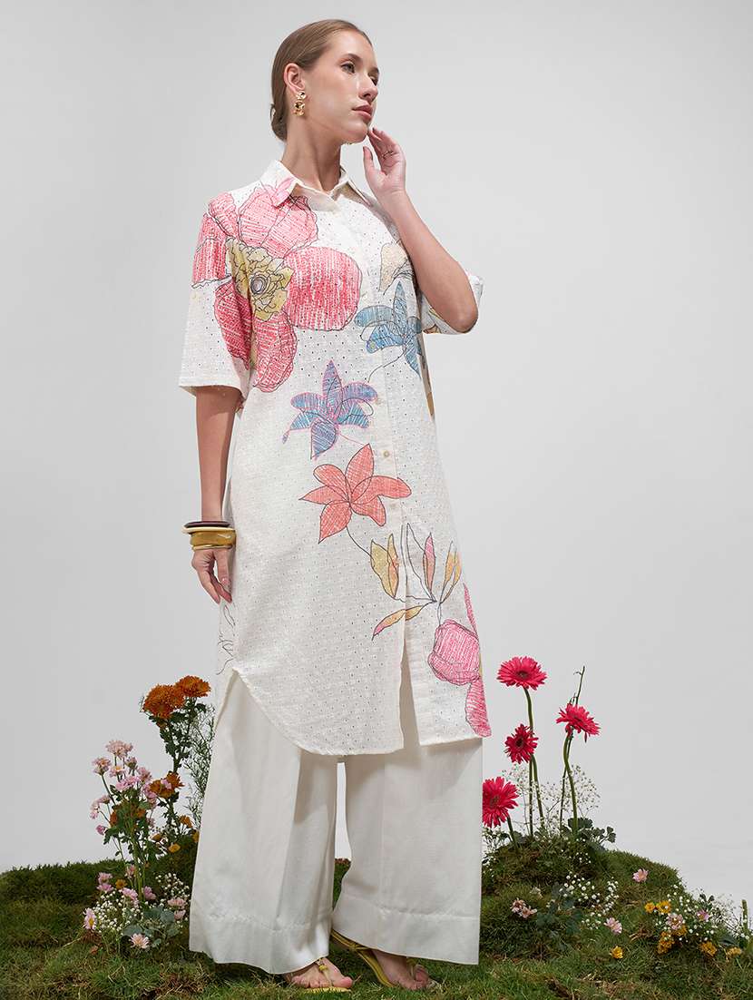 women printed collared straight kurta