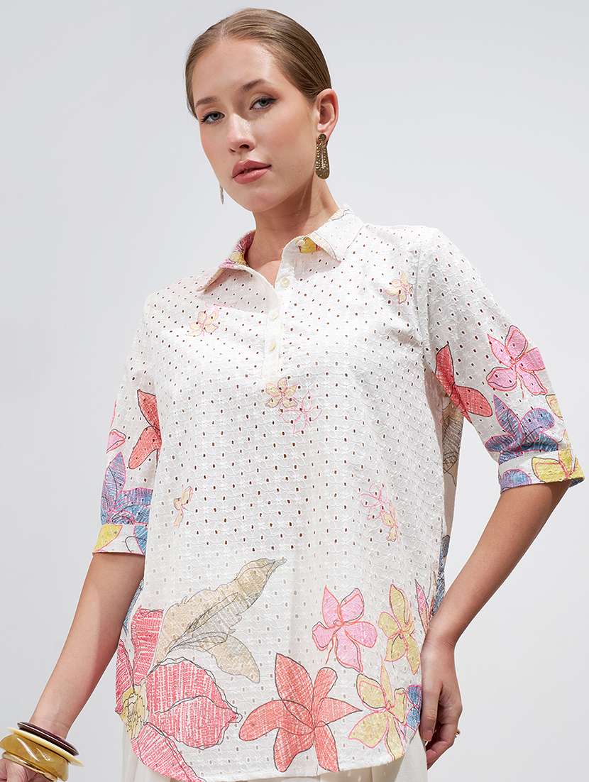 women floral printed three quarter sleeves top