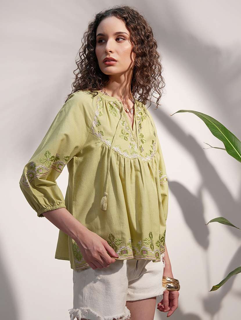 women embroidered tie up neck flared top - 22499570 -  Standard Image - 3