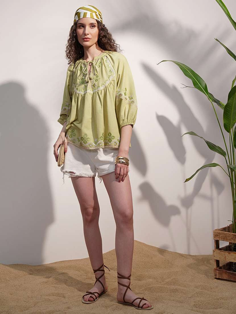 women embroidered tie up neck flared top - 22499570 -  Standard Image - 5