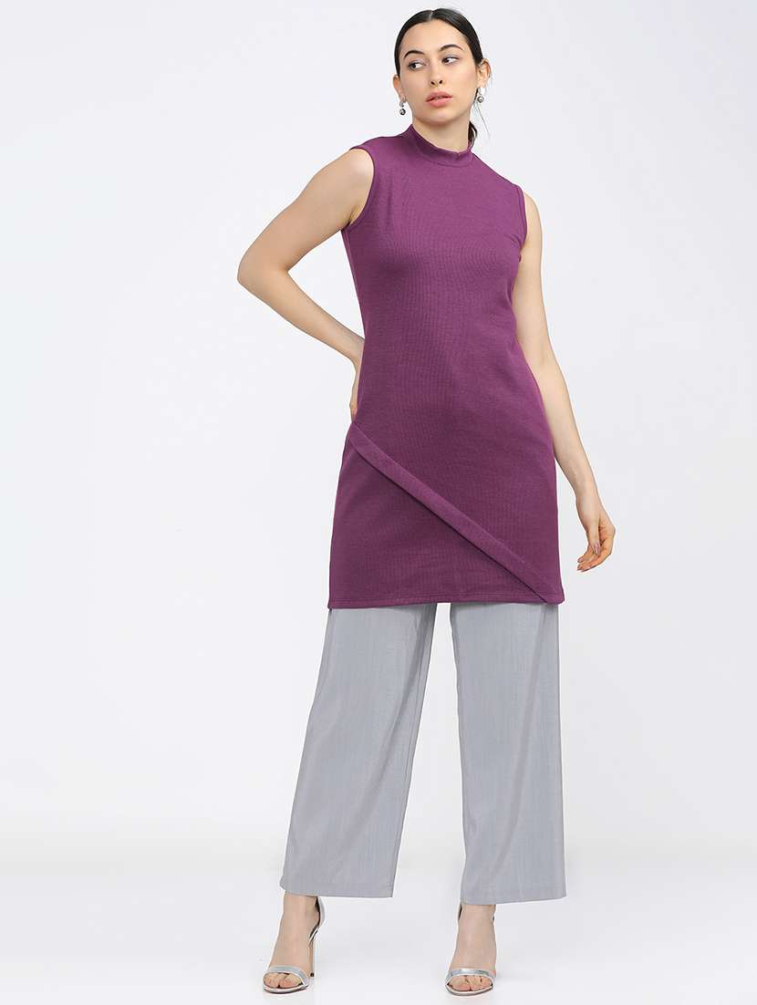 women solid mock neck sleeveless long top