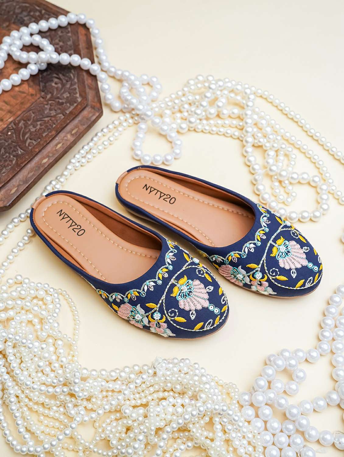 women embroidered slip on mules