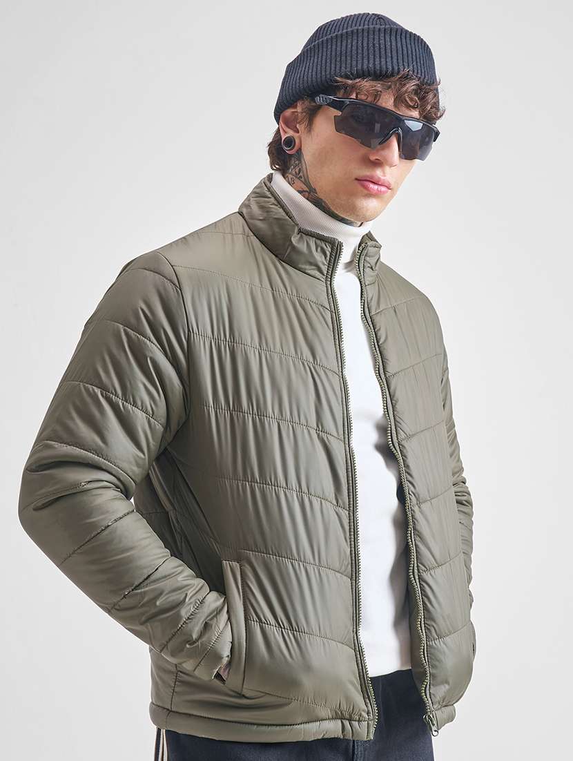 men solid long sleeve regular fit puffer jacket