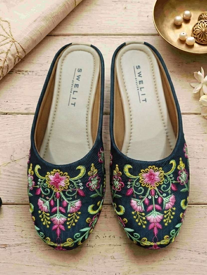 women floral embroidered slip on mules