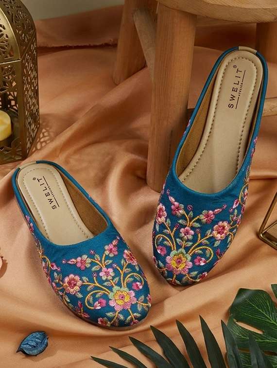 women embroidered slip on mules