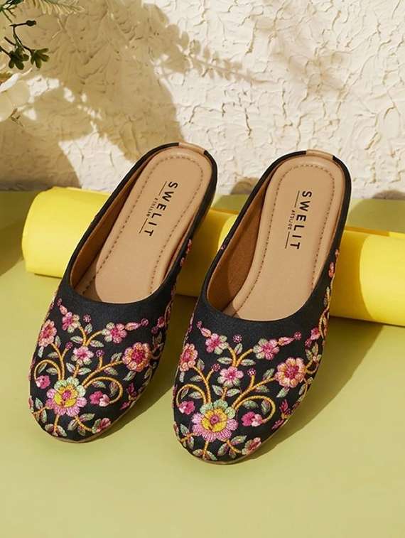 women embroidered slip on mules