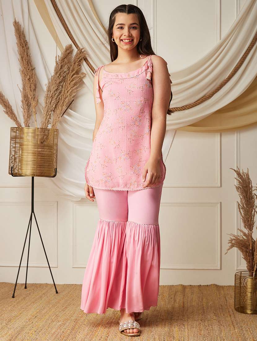 girls printed sleeveless kurta and sharara set