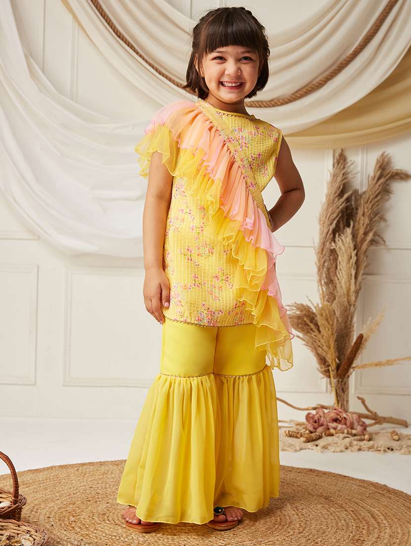 girls printed round neck sleeveless kurta and sharara suit set