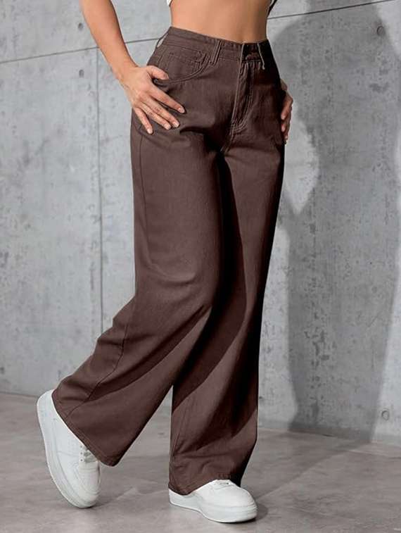 women plain high rise wide leg jeans