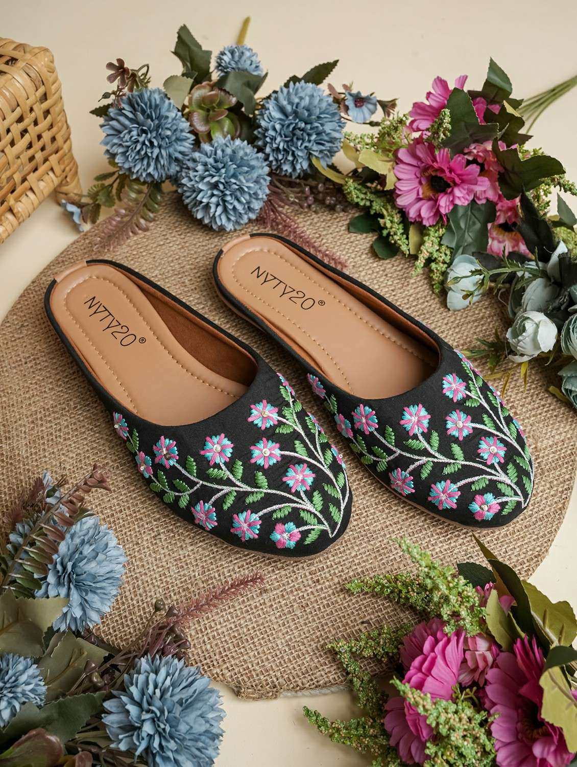 women embroidered slip on mules