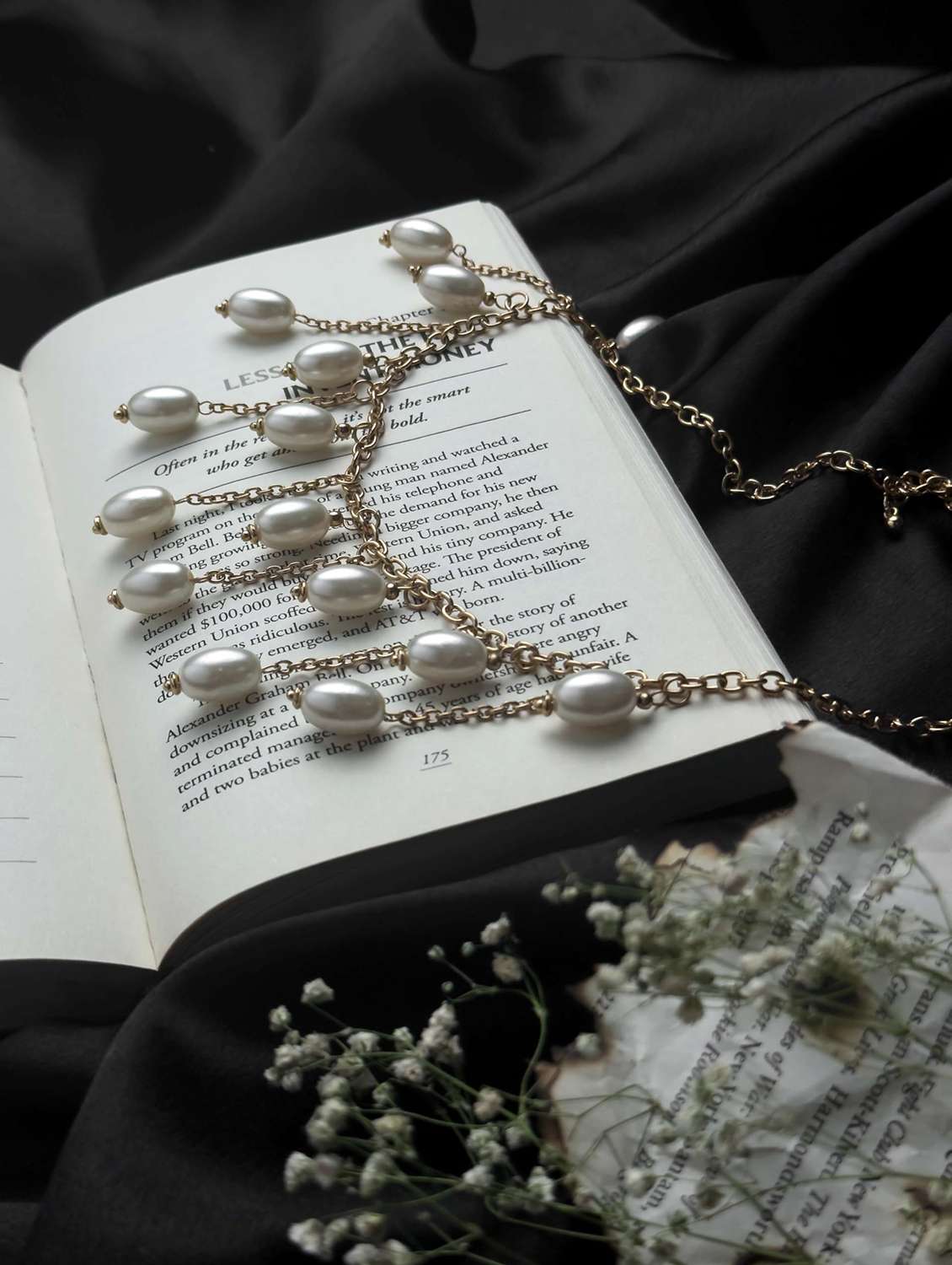 white pearl beads statement necklace with gold chain