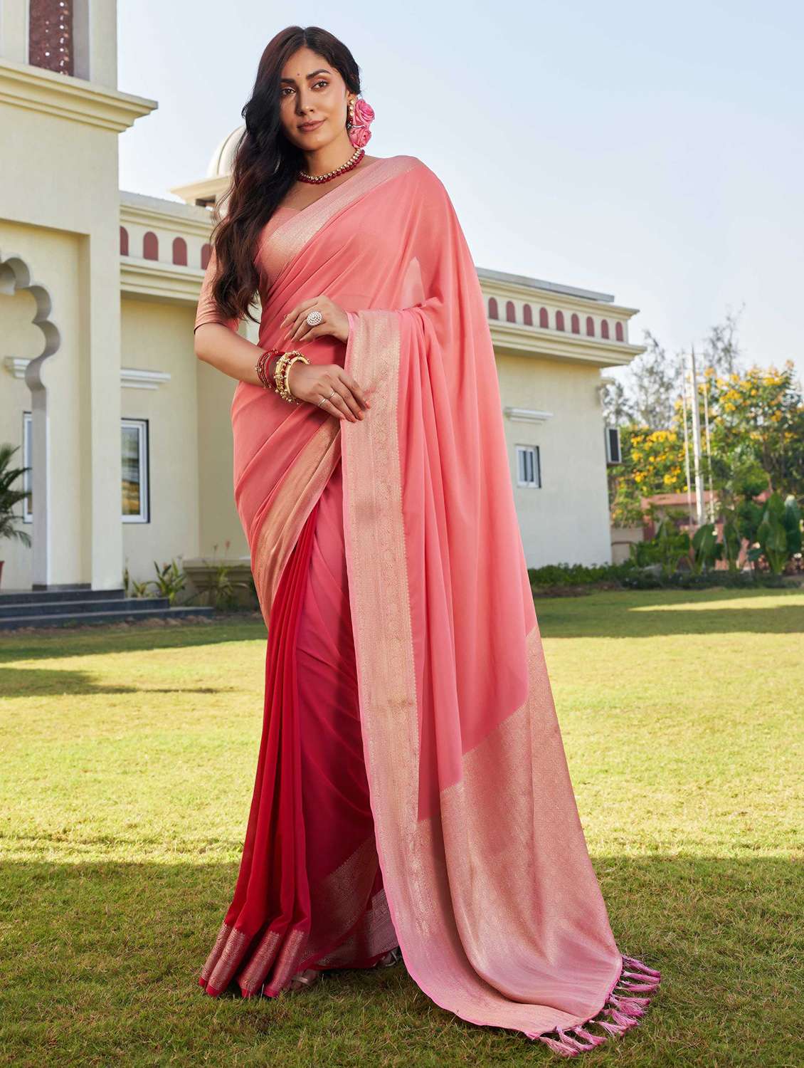 women ombre bordered saree with blouse