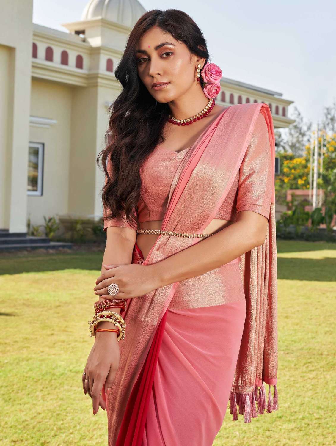 women ombre bordered saree with blouse - 22499807 -  Standard Image - 3