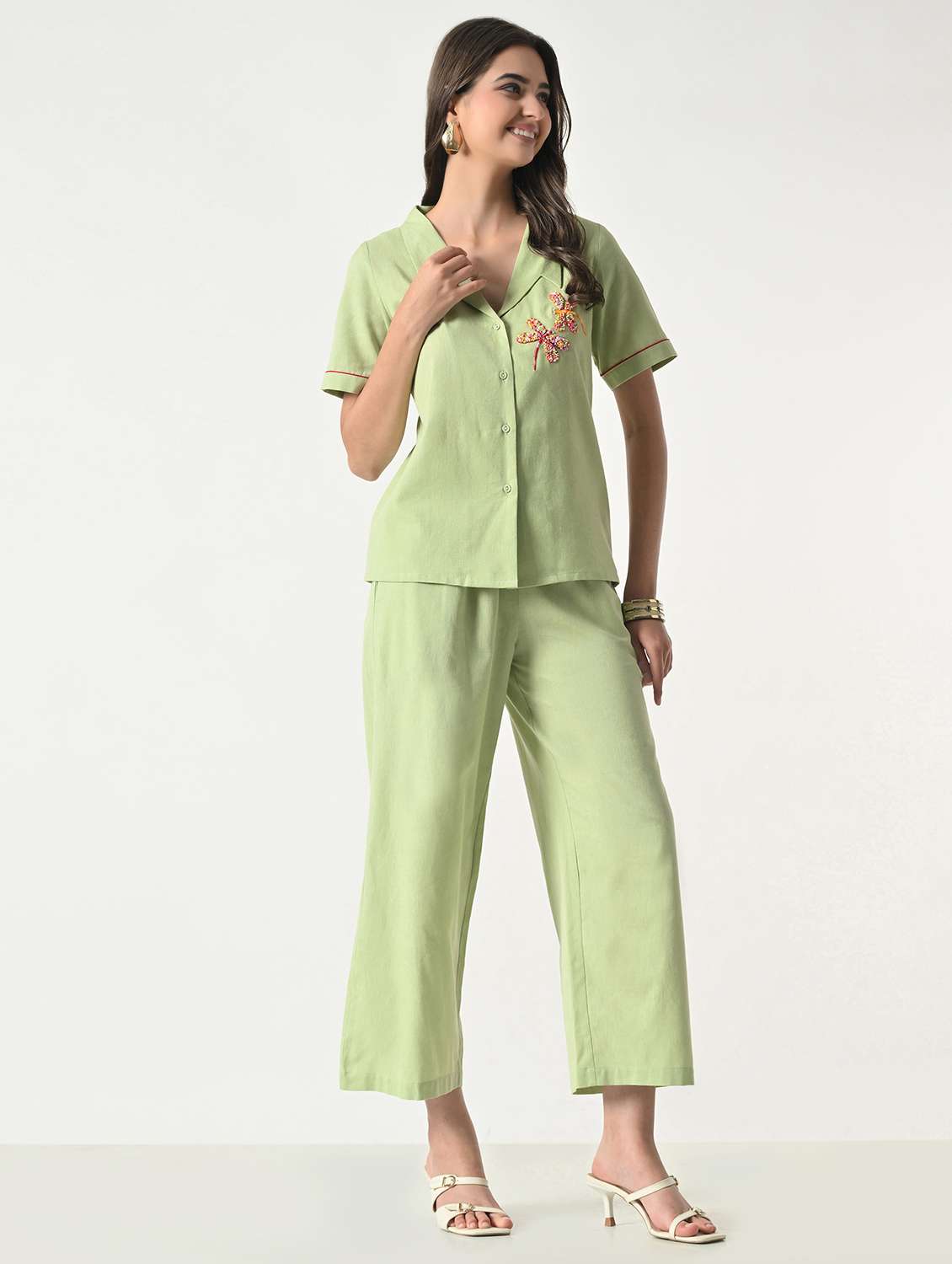 women embroidered short sleeves top and palazzo set - 22499874 -  Standard Image - 3