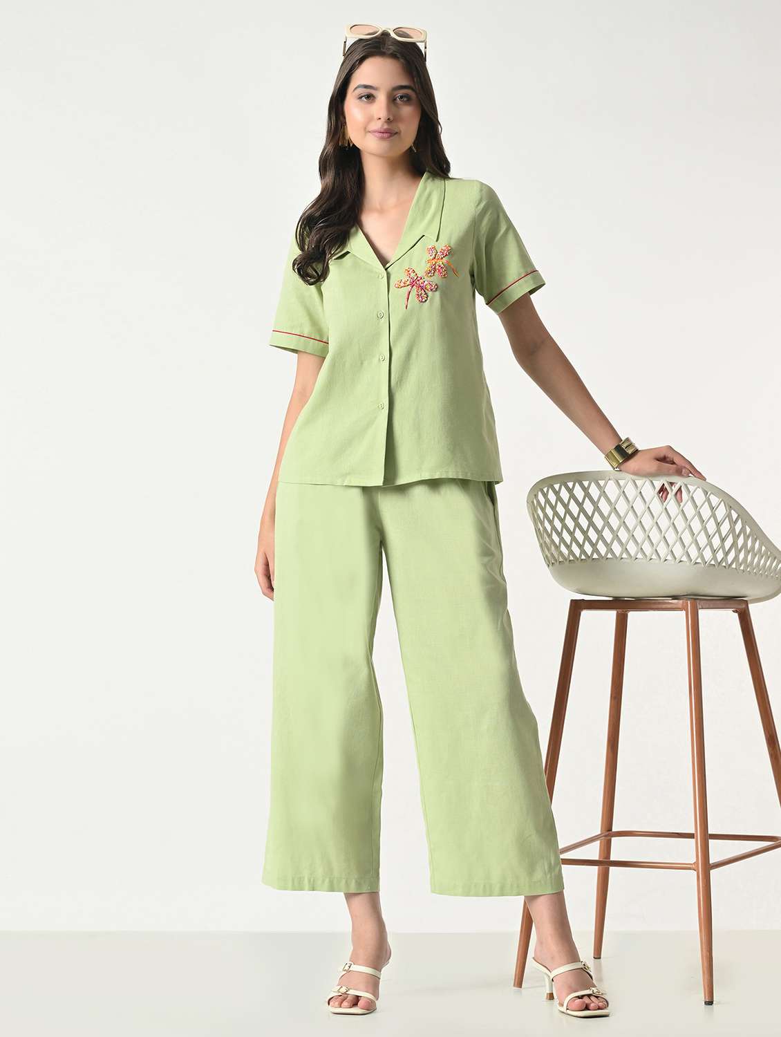 women embroidered short sleeves top and palazzo set - 22499874 -  Standard Image - 5