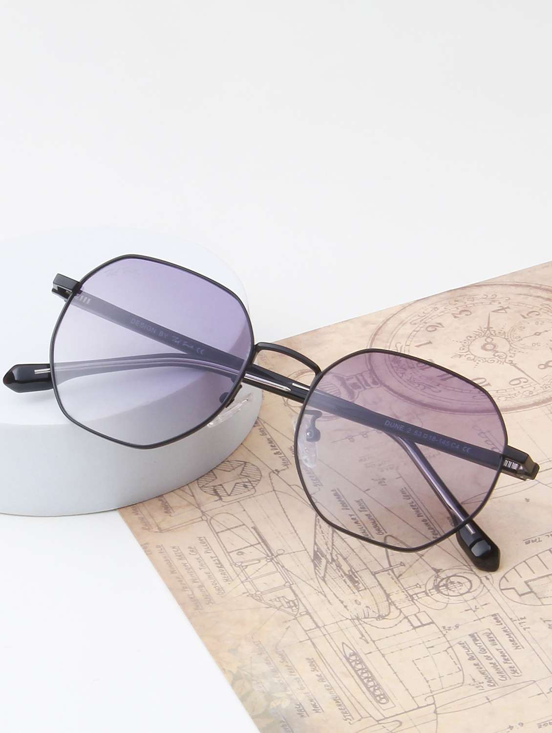 ted smith unisex octagon metal black-purple graded sunglasses with polarized lenses
