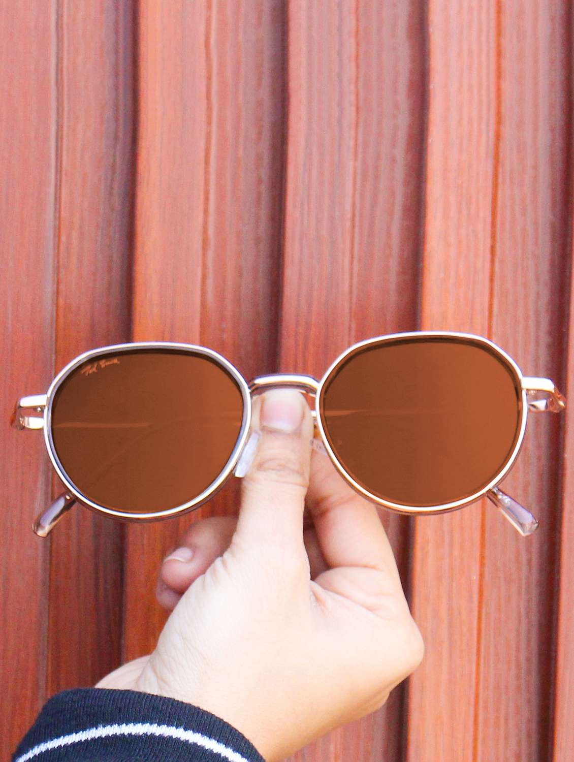 ted smith unisex round metal gold -brown sunglasses with polarized lenses