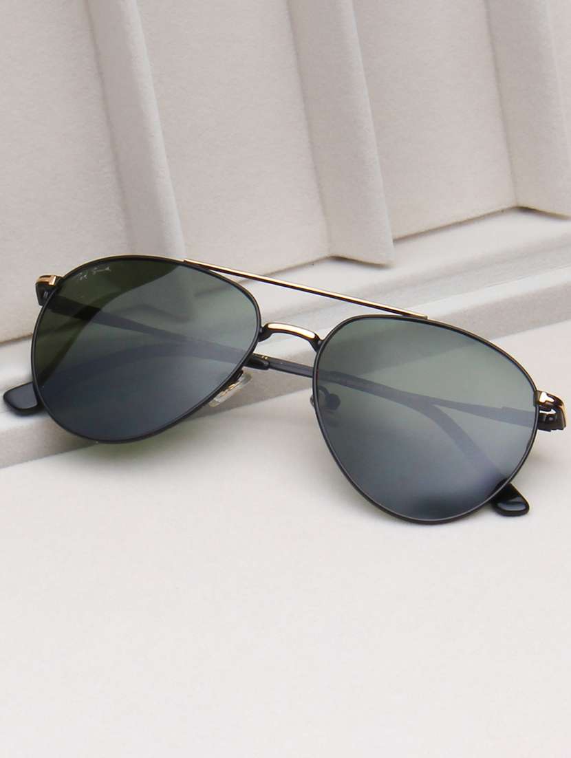 ted smith unisex green lens & black aviator sunglasses with