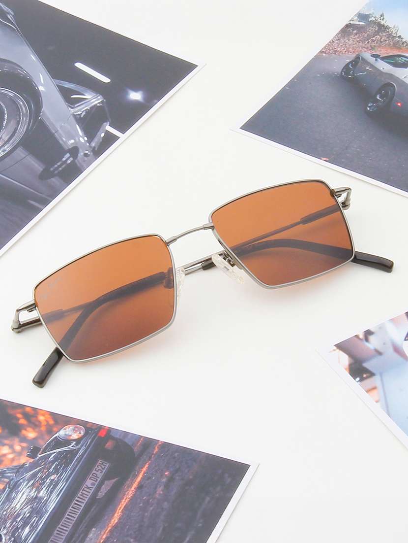 ted smith unisex rectangle metal silver-brown sunglasses with polarized lenses