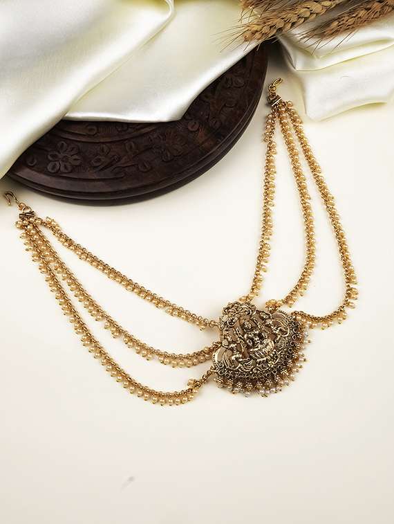gold plated temple padlakshmi hair brooch with pearl chain