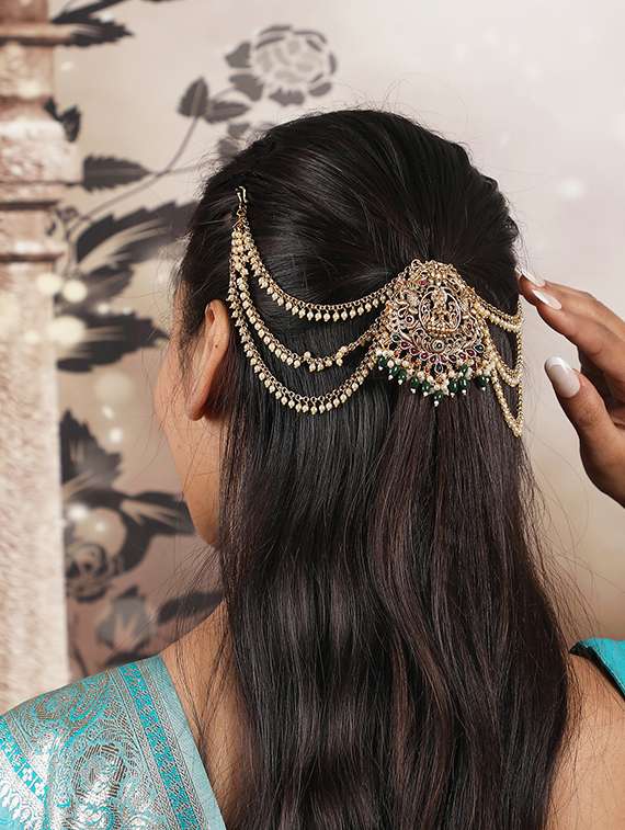 antique gold plated laxmi jada billai with mattal hair pin - 22500024 -  Standard Image - 3