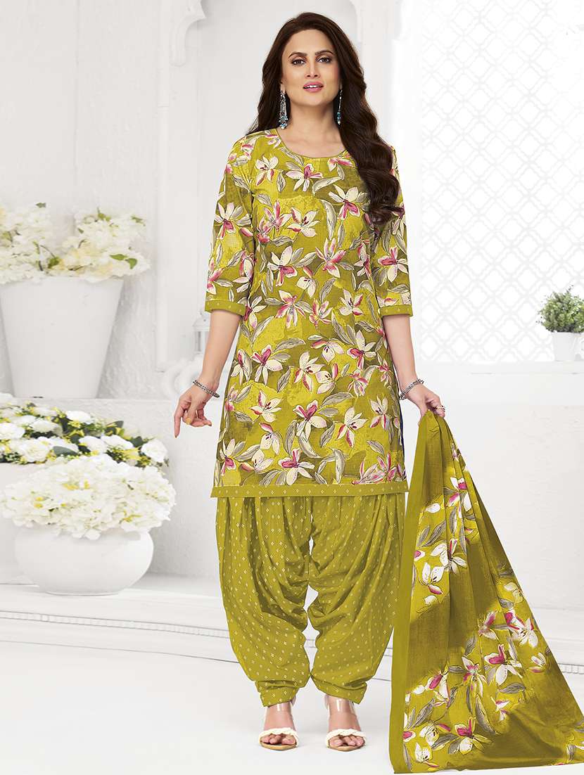 yellow printed cotton kurta patiala set