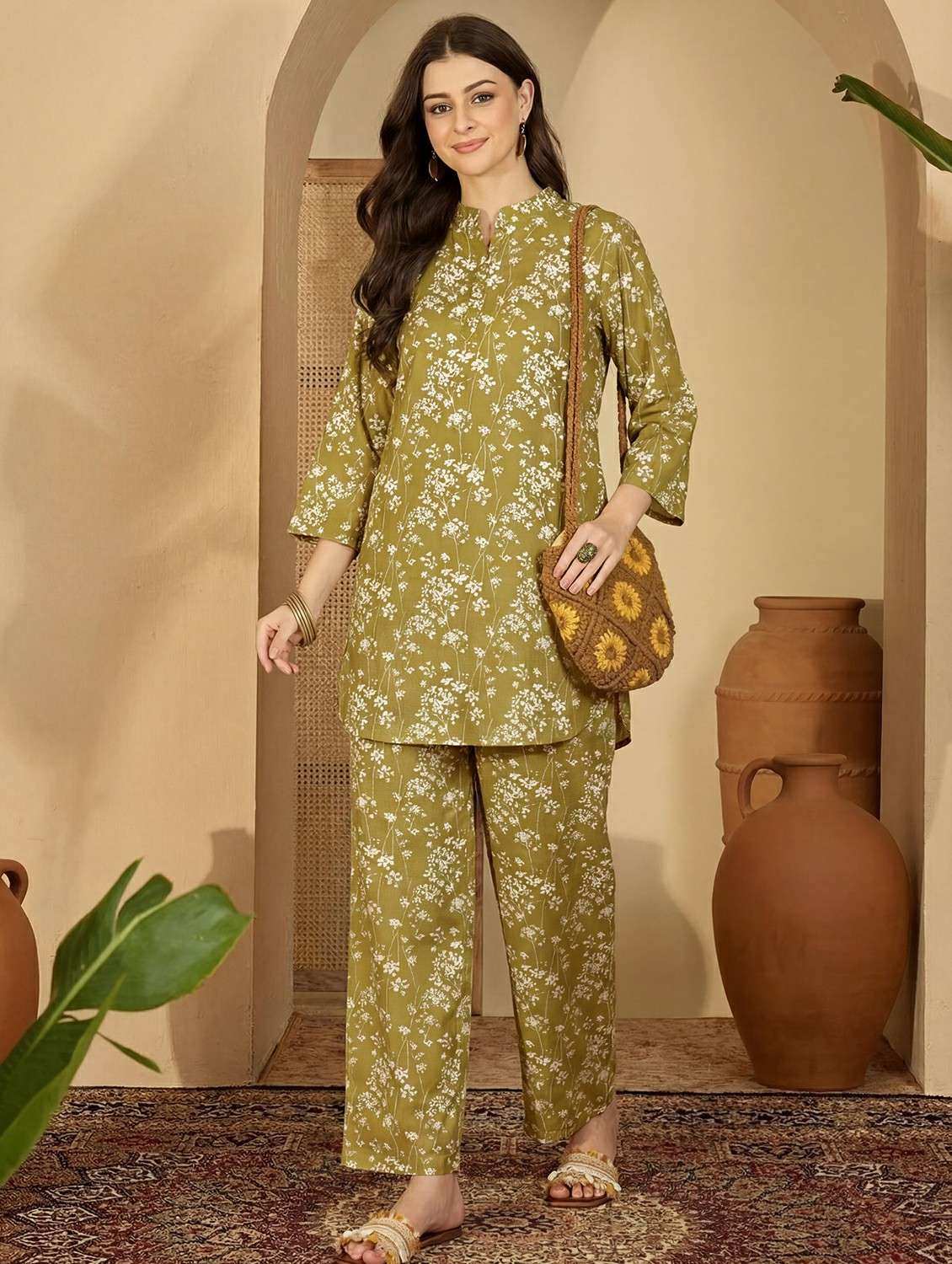 women printed three quarter sleeve ethnic co-ord set