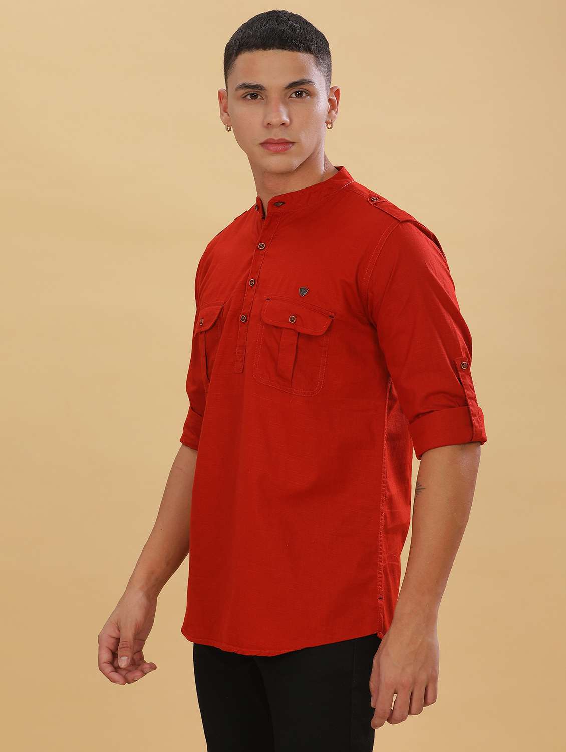 men solid mandarin neck short kurta - 22500124 -  Standard Image - 3
