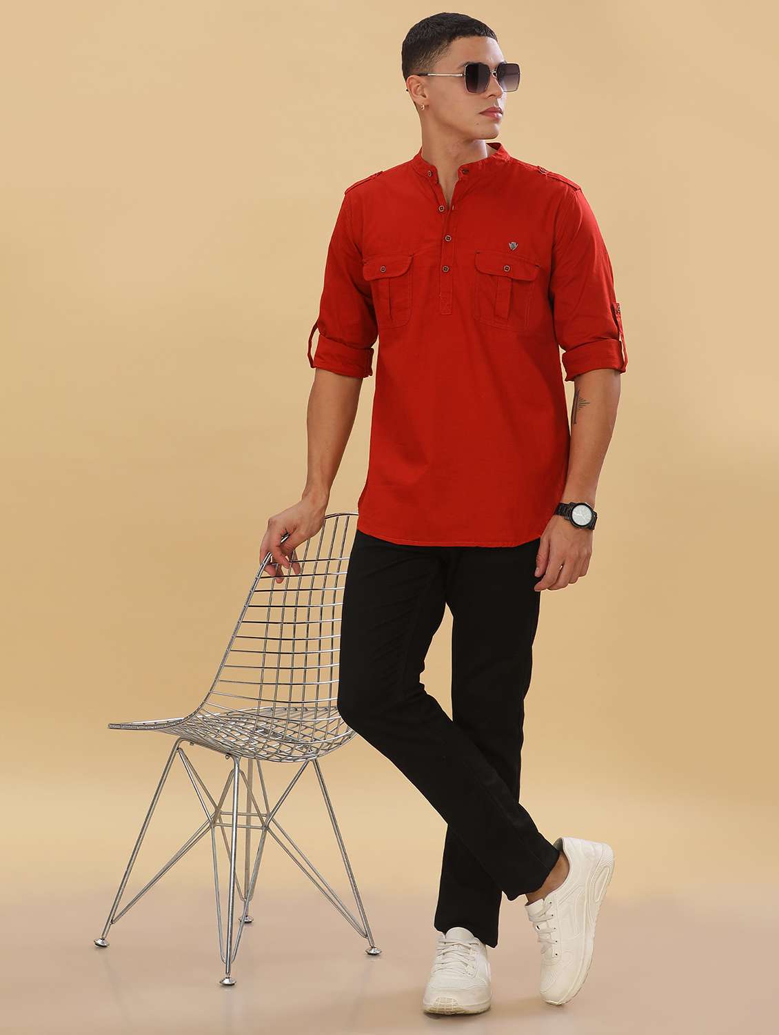 men solid mandarin neck short kurta - 22500124 -  Standard Image - 5