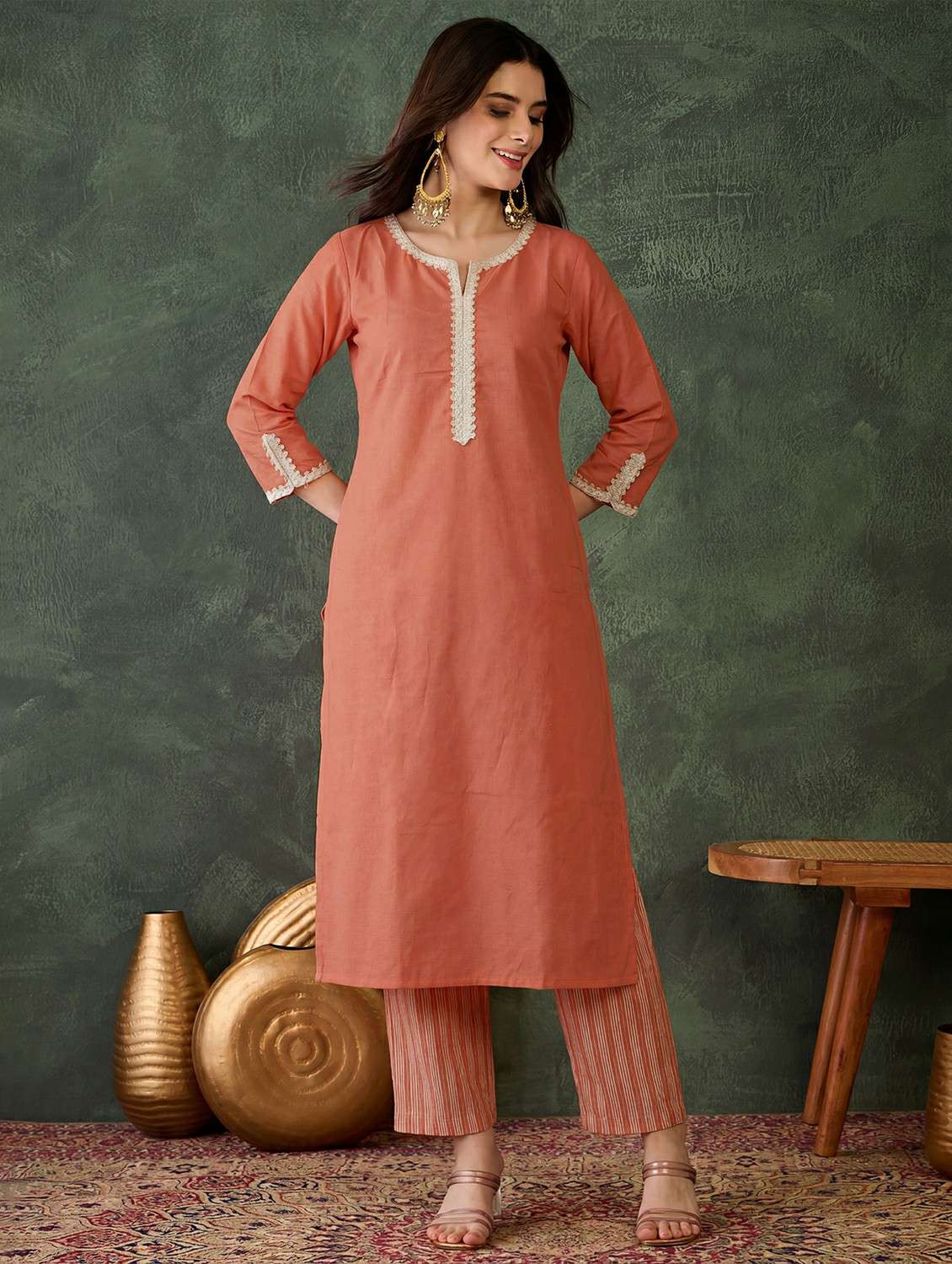 women solid three quarter sleeve kurta pant set - 22500169 -  Standard Image - 3