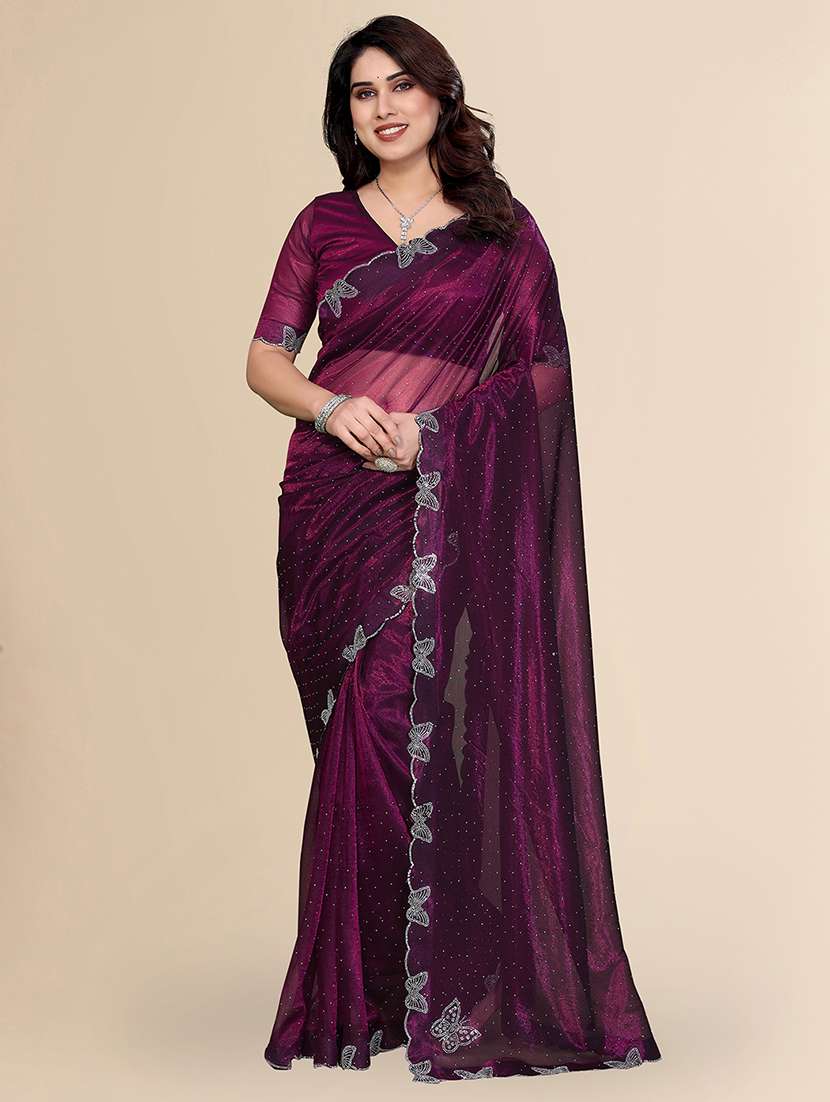 women solid with work embellished saree with blouse