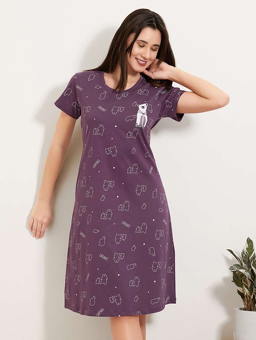 women printed round neck short sleeves sleepshirt