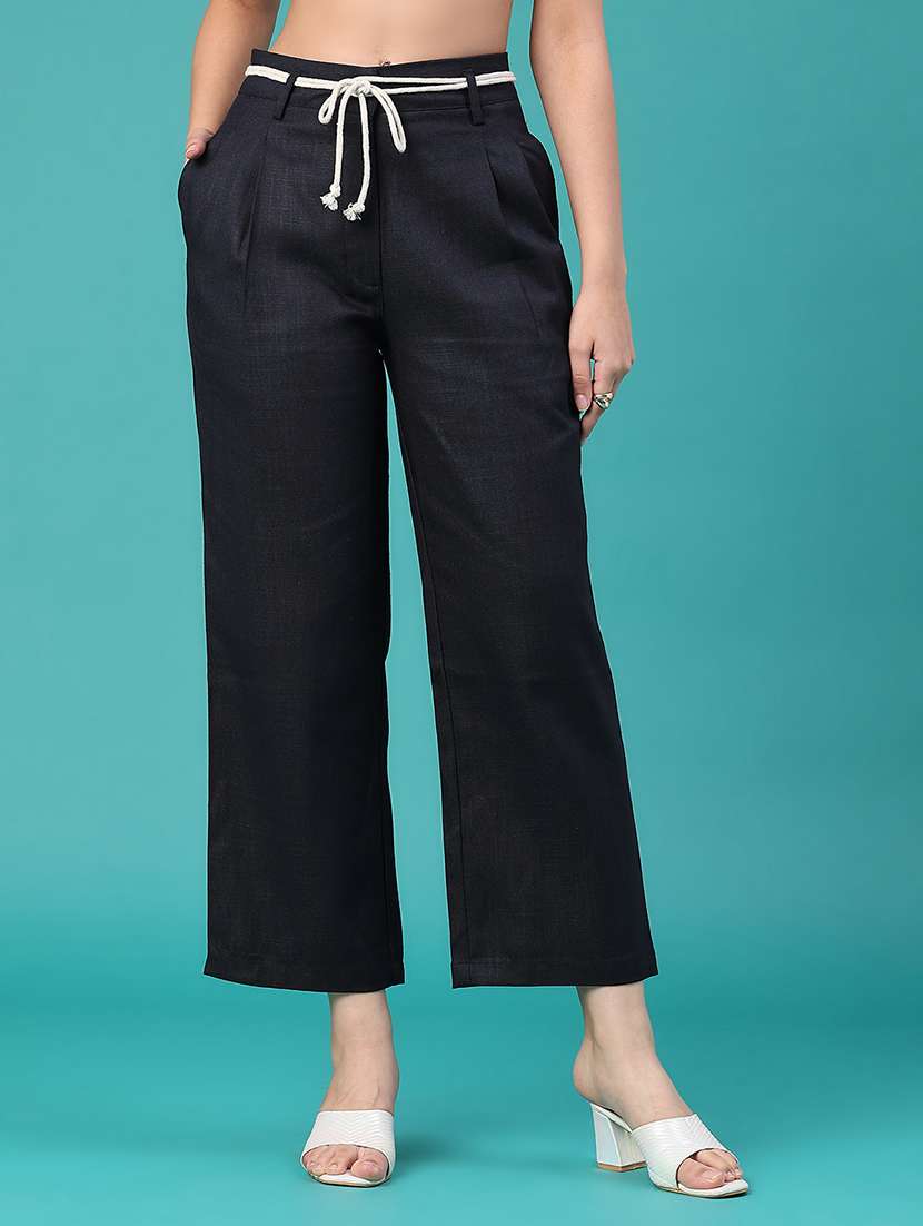 women solid mid rise straight trouser