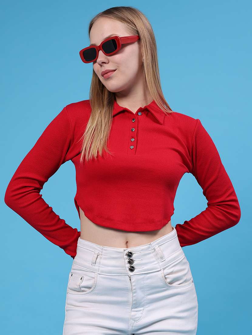 women solid long sleeves crop t-shirt