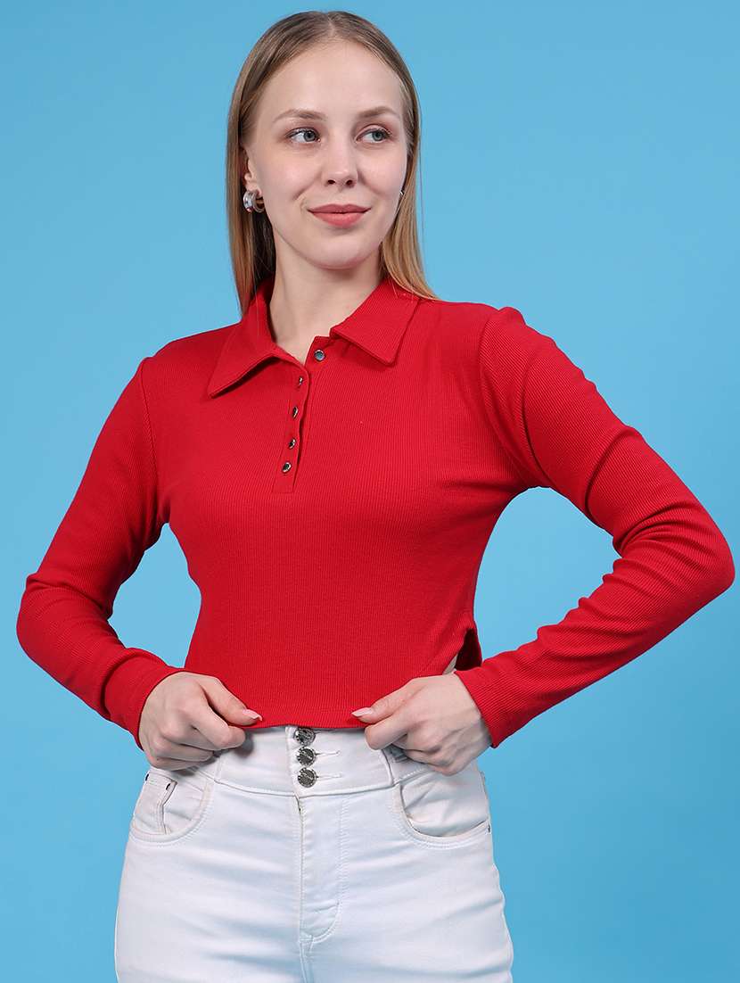 Women Solid Long Sleeves Crop T-shirt - 22500821 -  Standard Image - 3