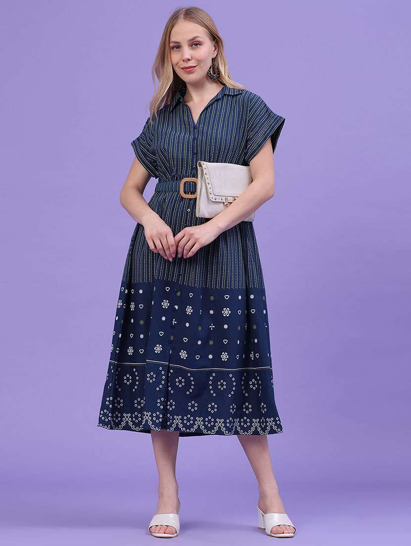 women printed short sleeves a-line dress