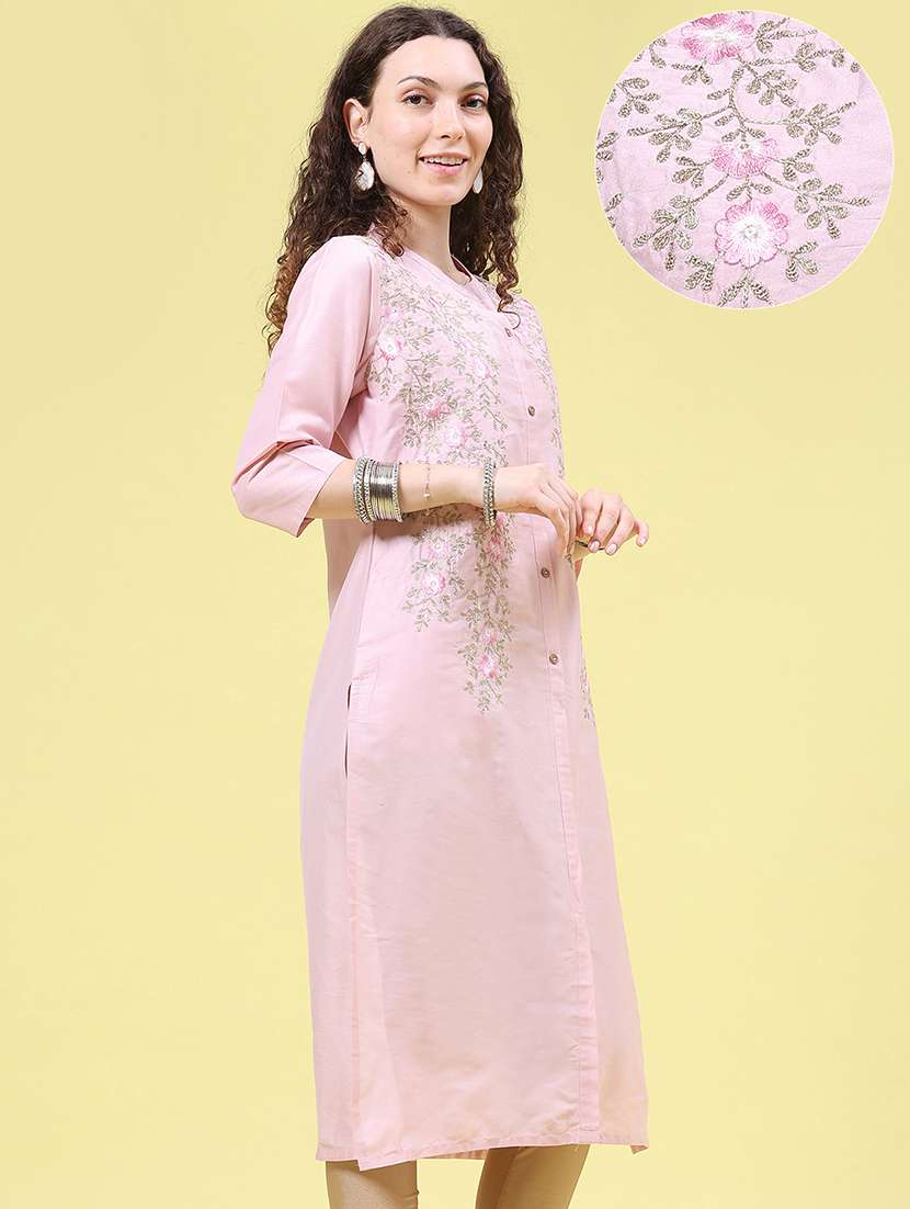 Women Solid With Work Three Quarter Sleeve Straight Kurta - 22500859 -  Standard Image - 3