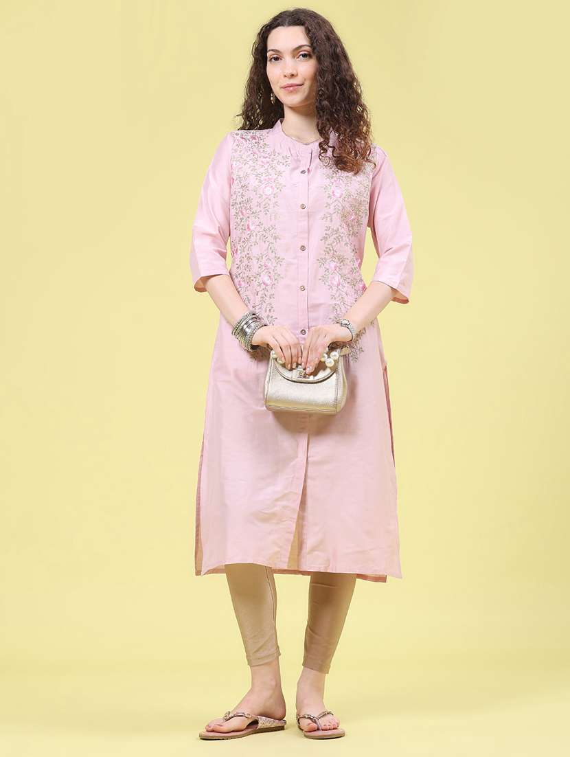 Women Solid With Work Three Quarter Sleeve Straight Kurta - 22500859 -  Standard Image - 5