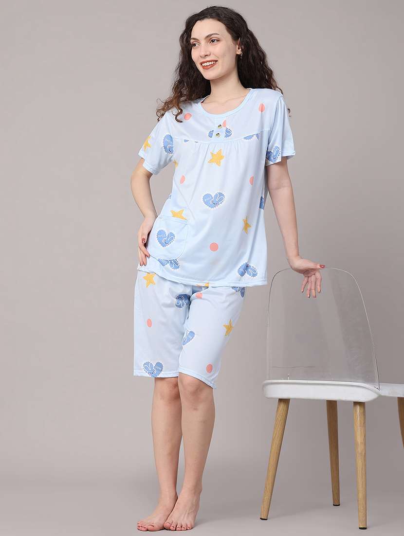 women printed round neck top and shorts set