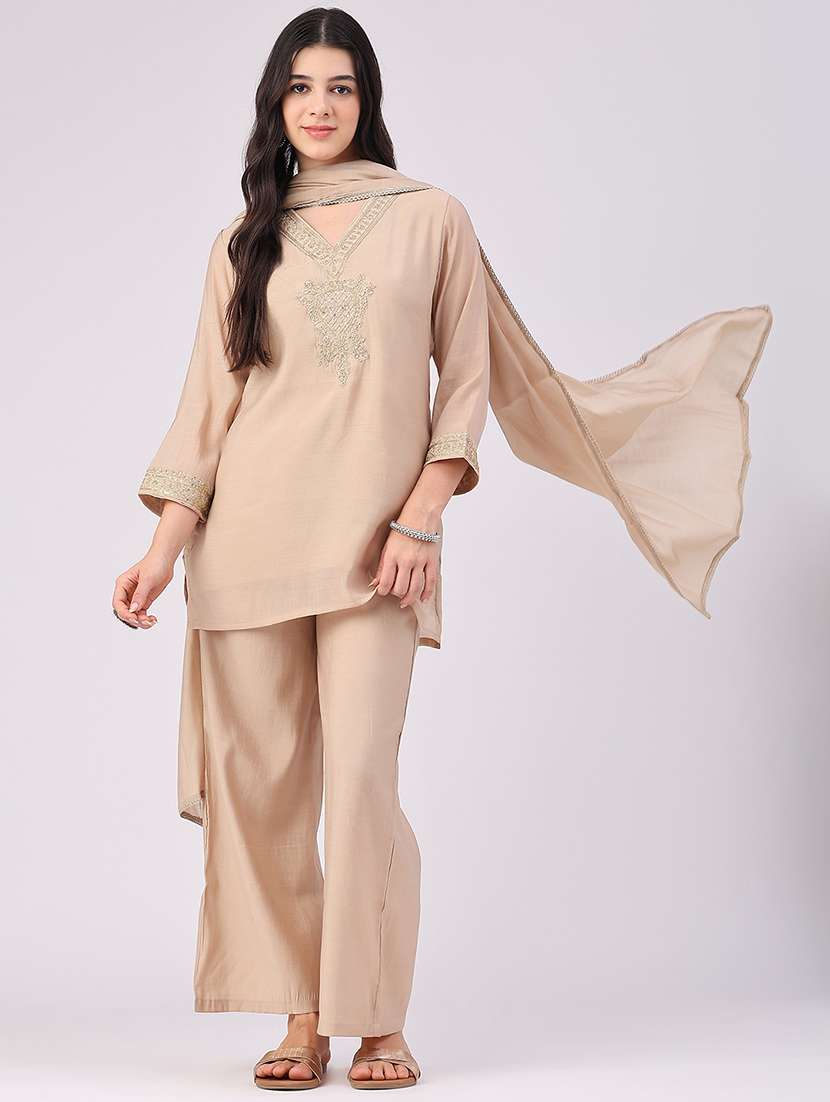 women embroidered three quarter sleeve kurta palazzo with dupatta set