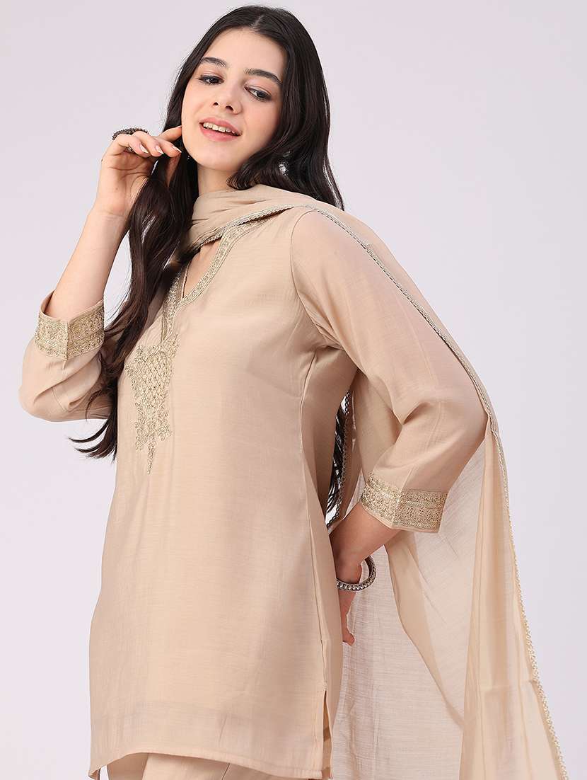 Women Embroidered Three Quarter Sleeve Kurta Palazzo With Dupatta Set - 22501425 -  Standard Image - 3
