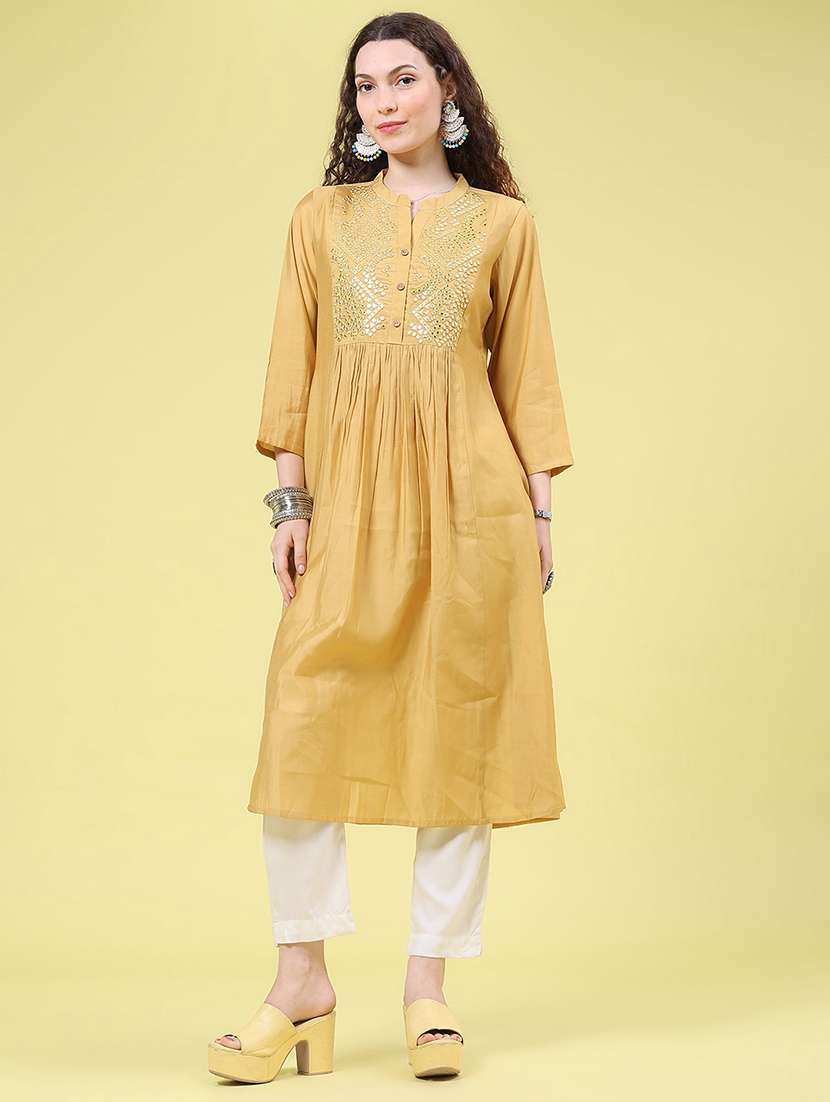 Women Solid With Work Three Quarter Sleeve A-line Kurta - 22501508 -  Standard Image - 3