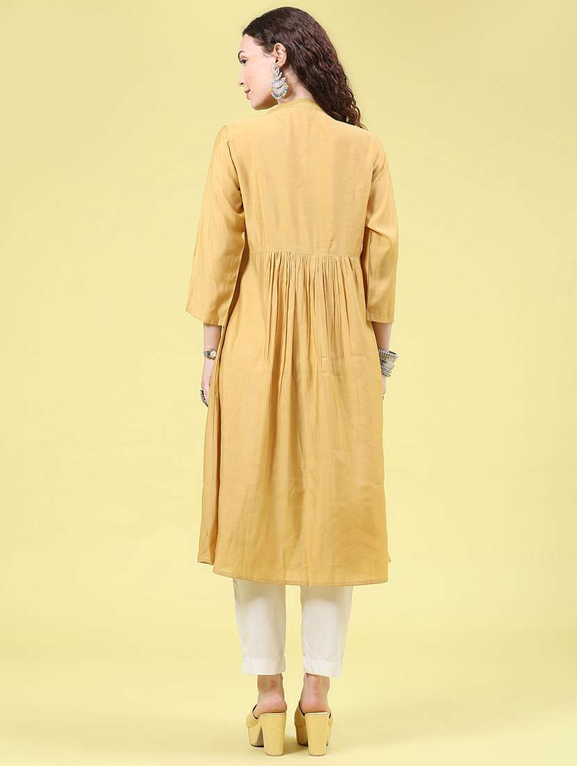 Women Solid With Work Three Quarter Sleeve A-line Kurta - 22501508 -  Standard Image - 5